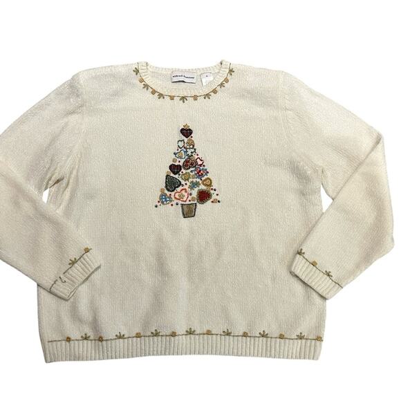 Alfred Dunner Womens XL Ivory Holiday Sweater with Embroidered Tree - Picture 1 of 7